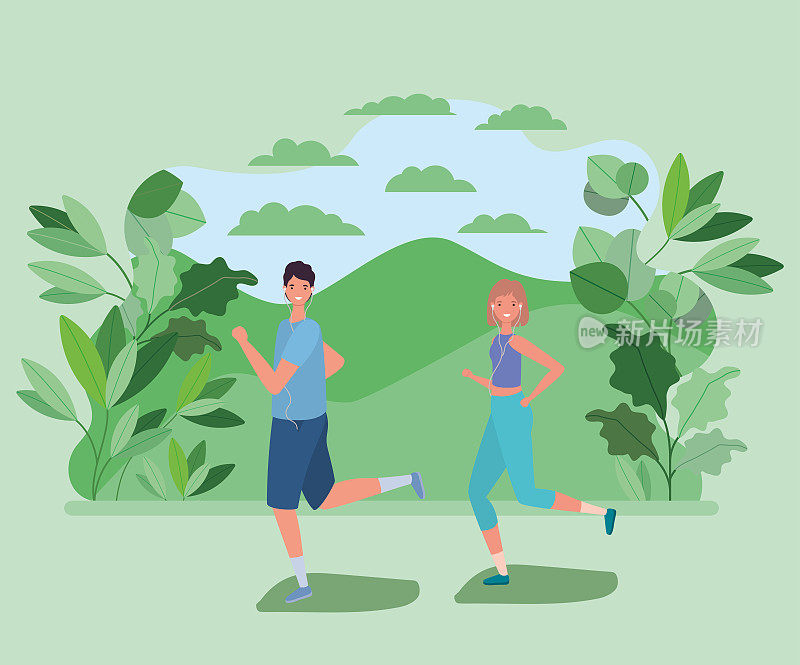 woman and man cartoons running at park with leaves vector design